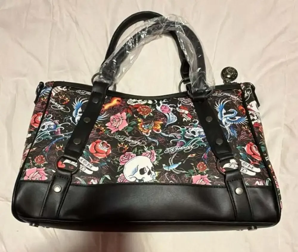 Ed Hardy Tattoo Skull and Rose Print Satchel Handbag